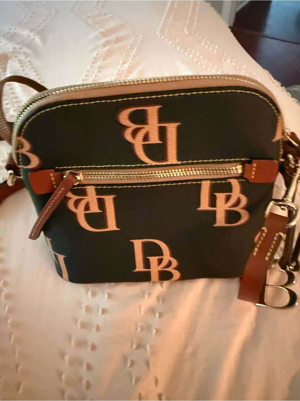 Dooney & Bourke Black Crossbody with Tan Monogram Accents